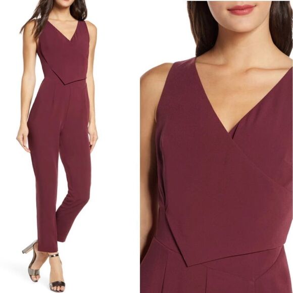 Burgundy jumpsuit ALI & Jay Slim Leg Asymmetrical Jumpsuit Small NWT Retail $138 - Picture 2 of 9